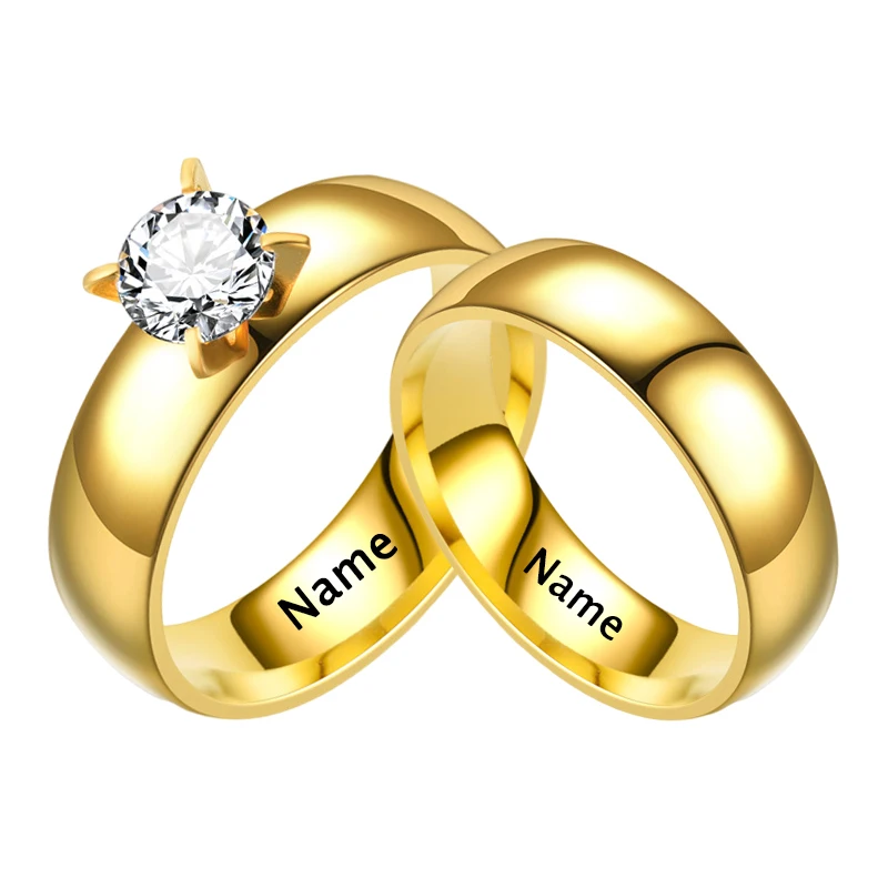 YWSHK 2021 Fashion Engrave Custom Name Big Cubic Zircon Couple Rings Stainless Steel for Men Women Wedding Engagement Jewelry