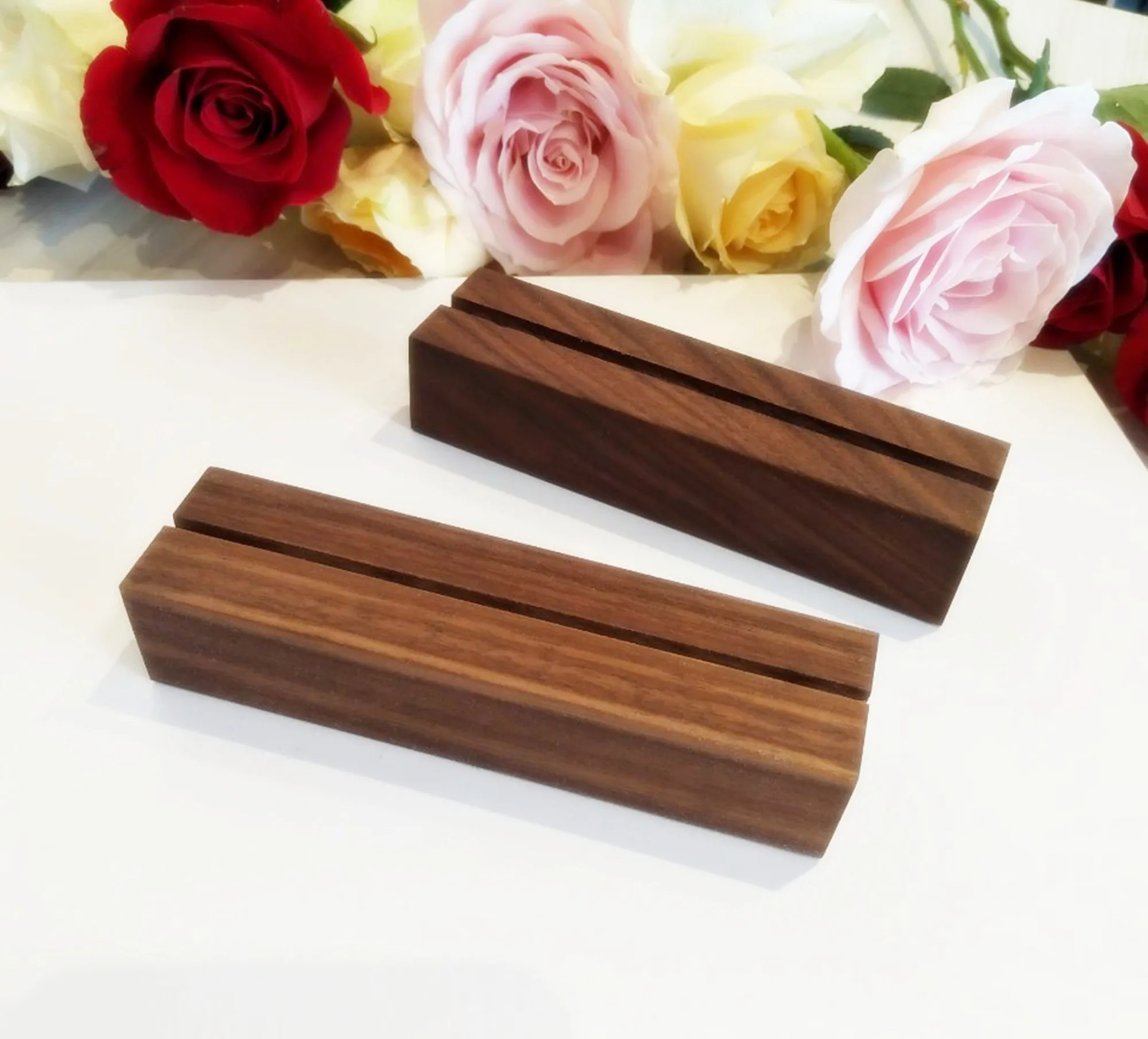 2PCS Walnut Wood Stand,Retail Signage Holder,Place Card, Business Card Holder,Rustic Acrylic Sign Holders