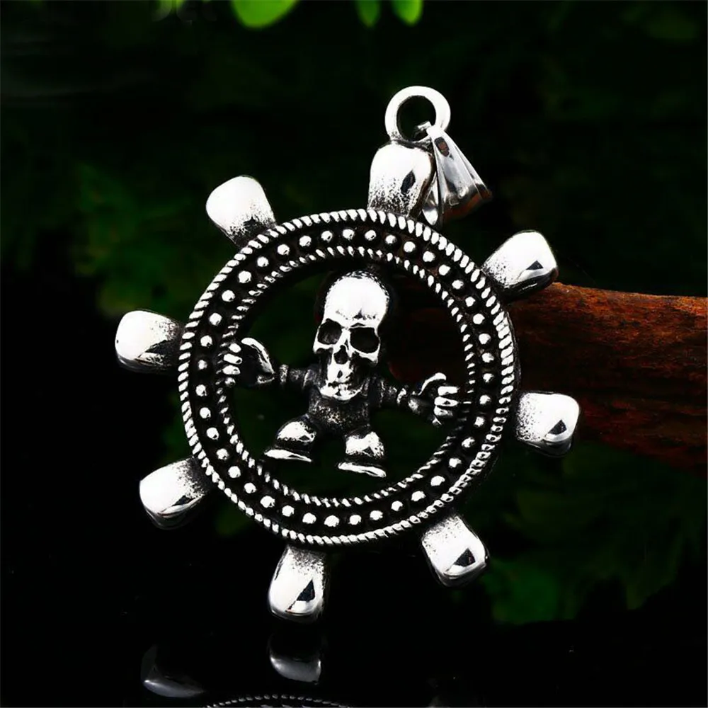 

Stainless Steel Mens Biker Skull Ship Wheel Pendant Necklace Jewelry Men
