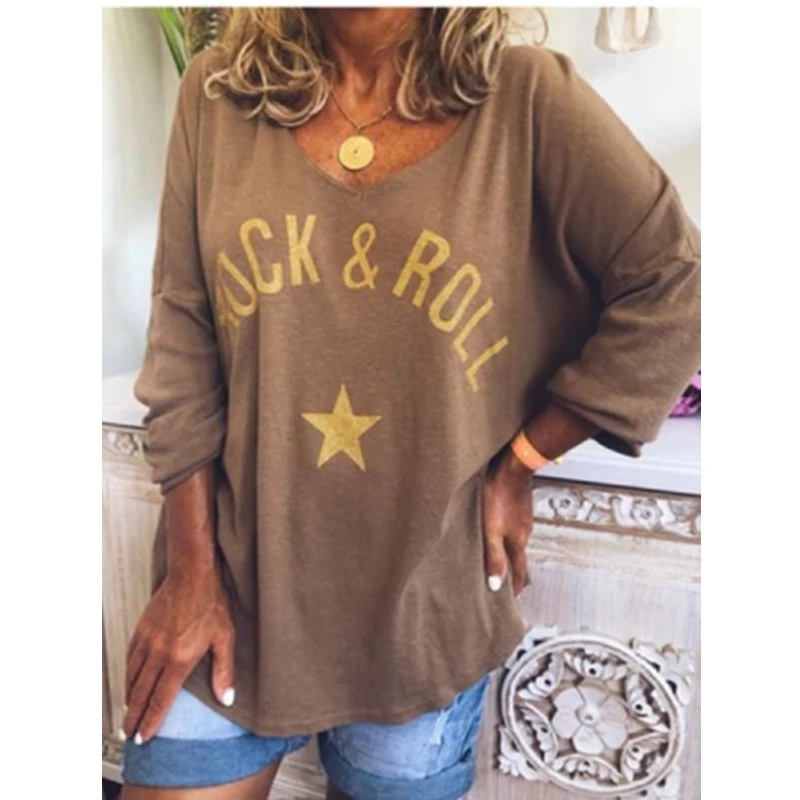 

Large Size T-shirt Long Sleeve Casual V-neck Tops Spring Summer Long Sleeve Fashion Rock Roll Letter Print T-shirts