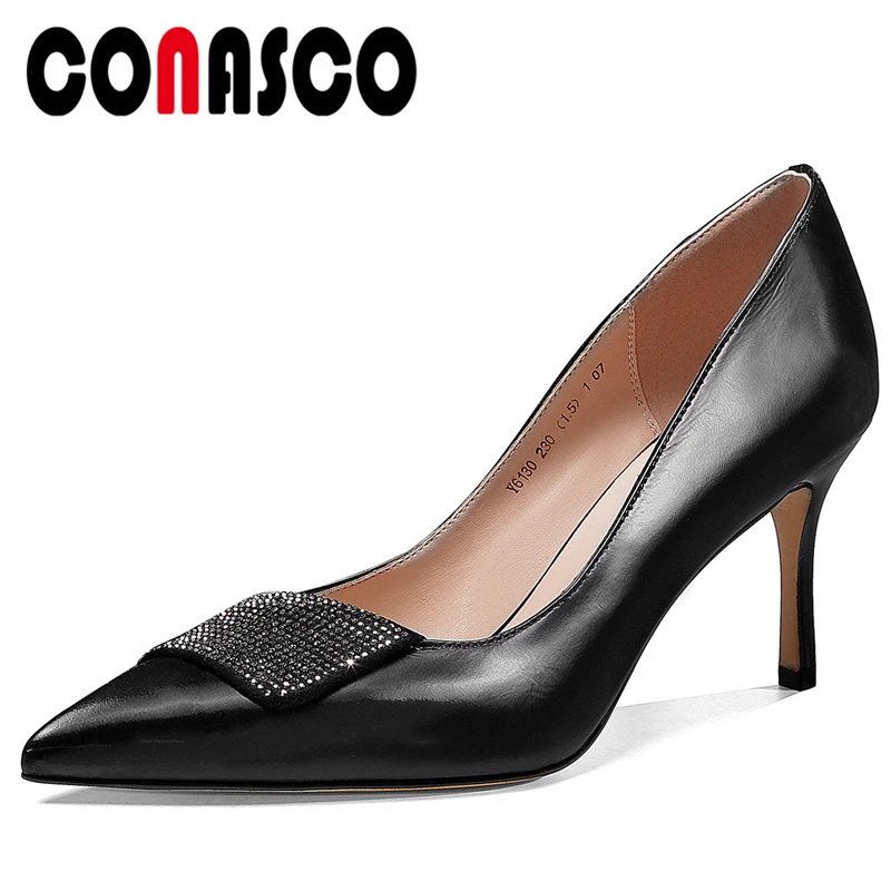 

CONASCO Woman Cow Patent Leather Pumps Spring Elegant Concise Wedding party Rhinestone Pointed Toe Thin Heel Shallow Shoes Woman