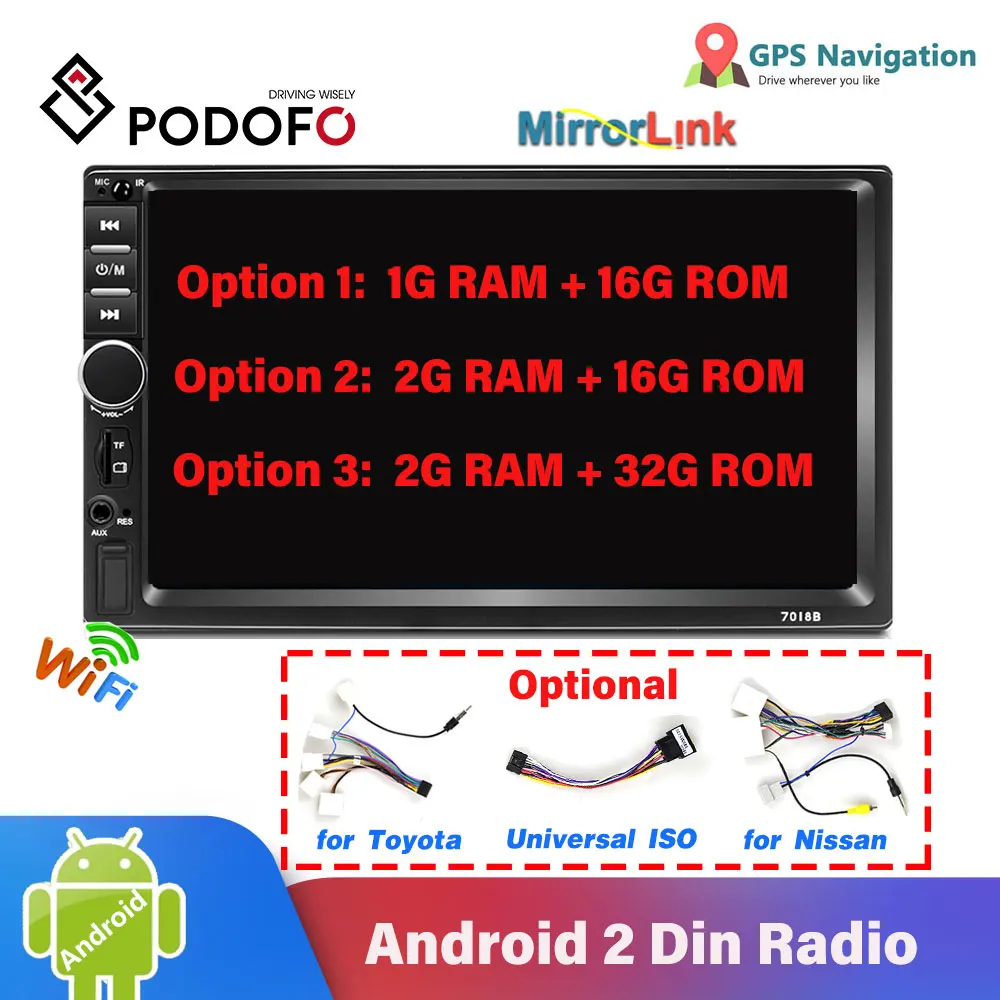 Podofo Android 2 Din Car Radio 7 Inch GPS Navigation WIFI Mirrorlink Stereo USB TF Bluetooth Rear Camera MP5 Multimedia Player | Автомобили