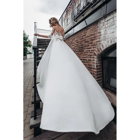Bride Gown For Woman Illusion A-Line Bow Sashes Bridal Gowns O-Neck Satin Appliques Half Sleeves Wedding Dresses Robe De Mariée