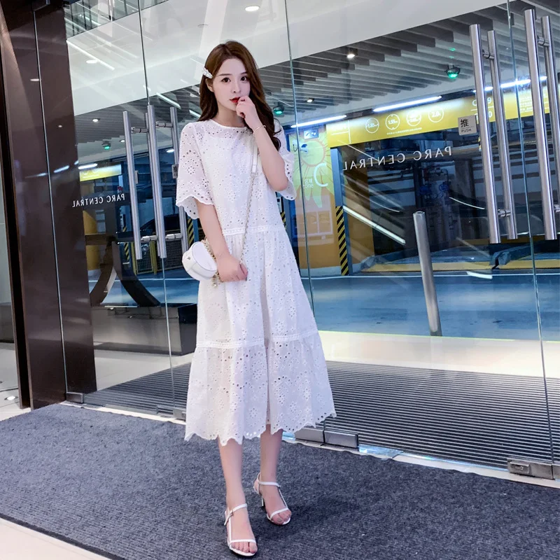 

2020 summer new women's Korean embroidery hollow out white large size dress sweet two piece long The latest women's clothing