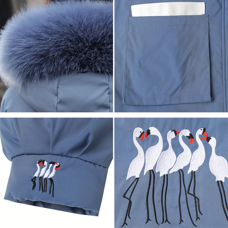 

Winter Thicken Padded Jacket Women Fashion Preppy Style Medium Long Chic Fur Hooded Parka Coat Parkas Crane Embroidered Jackets