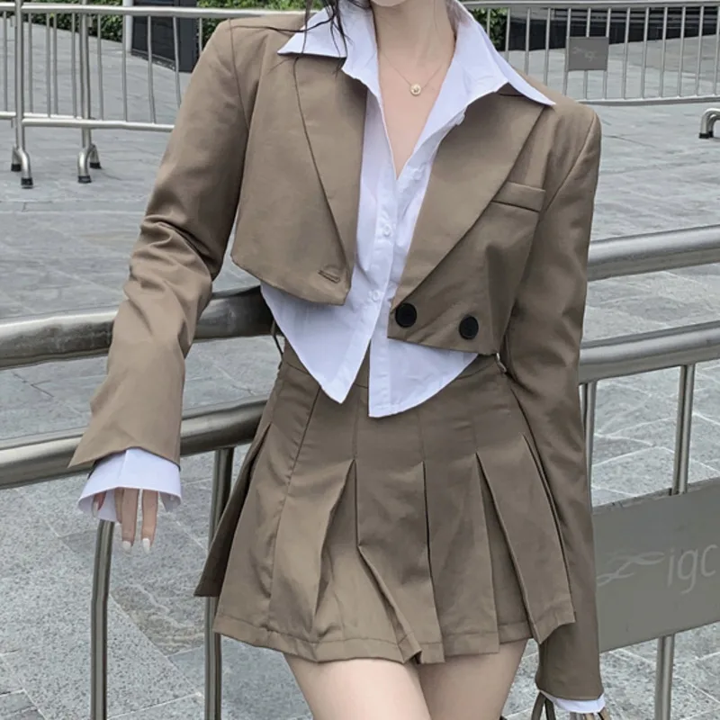 

Женские костюмы с воротником-поло, рубашка с длинным рукавом, женский топ, Новинка осени 2021, короткий костюм, пальто и юбка