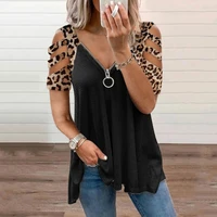 2022 summer women outfits oversize short sleeve v neck tops casual black cheetah print ladder cutout zip front t shirt