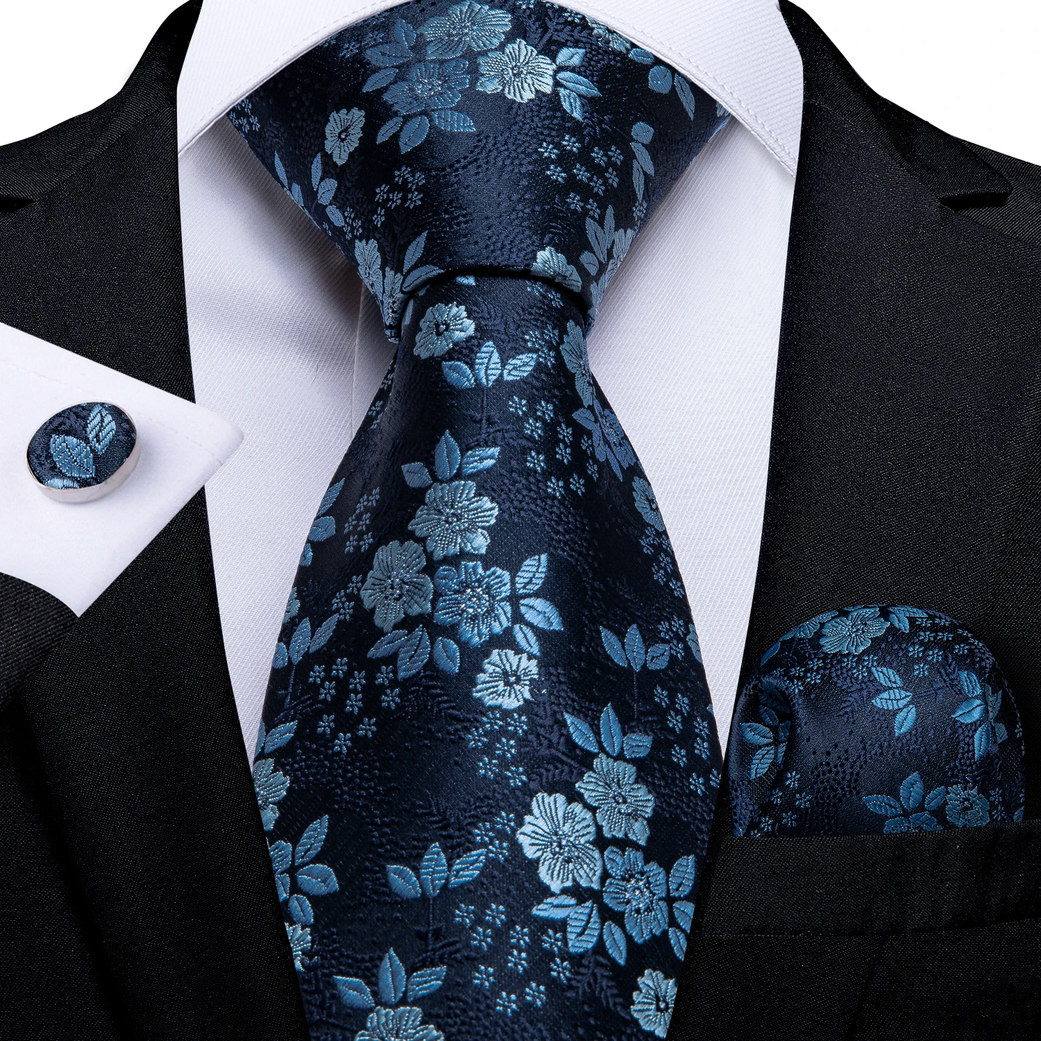 Gift Men Tie Navy Blue Floral Silk Wedding Tie For Men DiBanGu Design Hanky Cufflink Quality Men Tie Set Fashion Dropshipping