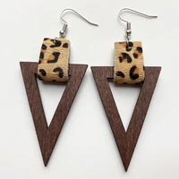western fashion leopard print horsehair leather wood simple earrings retro bohemian geometric long ethnic style earrings