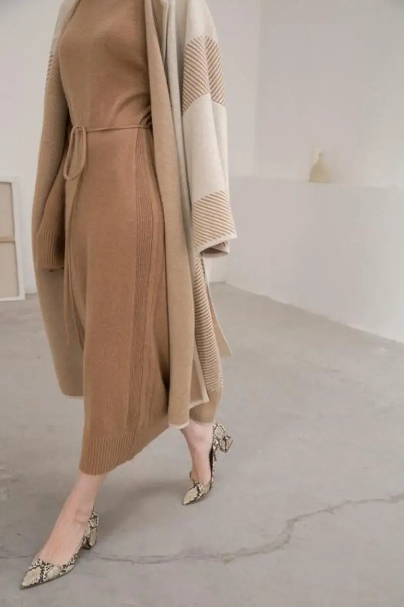 

Knit Cardigan in Long Sweater Women's Thick Oatmeal Over the Knee Waist Jacket Autumn Winter