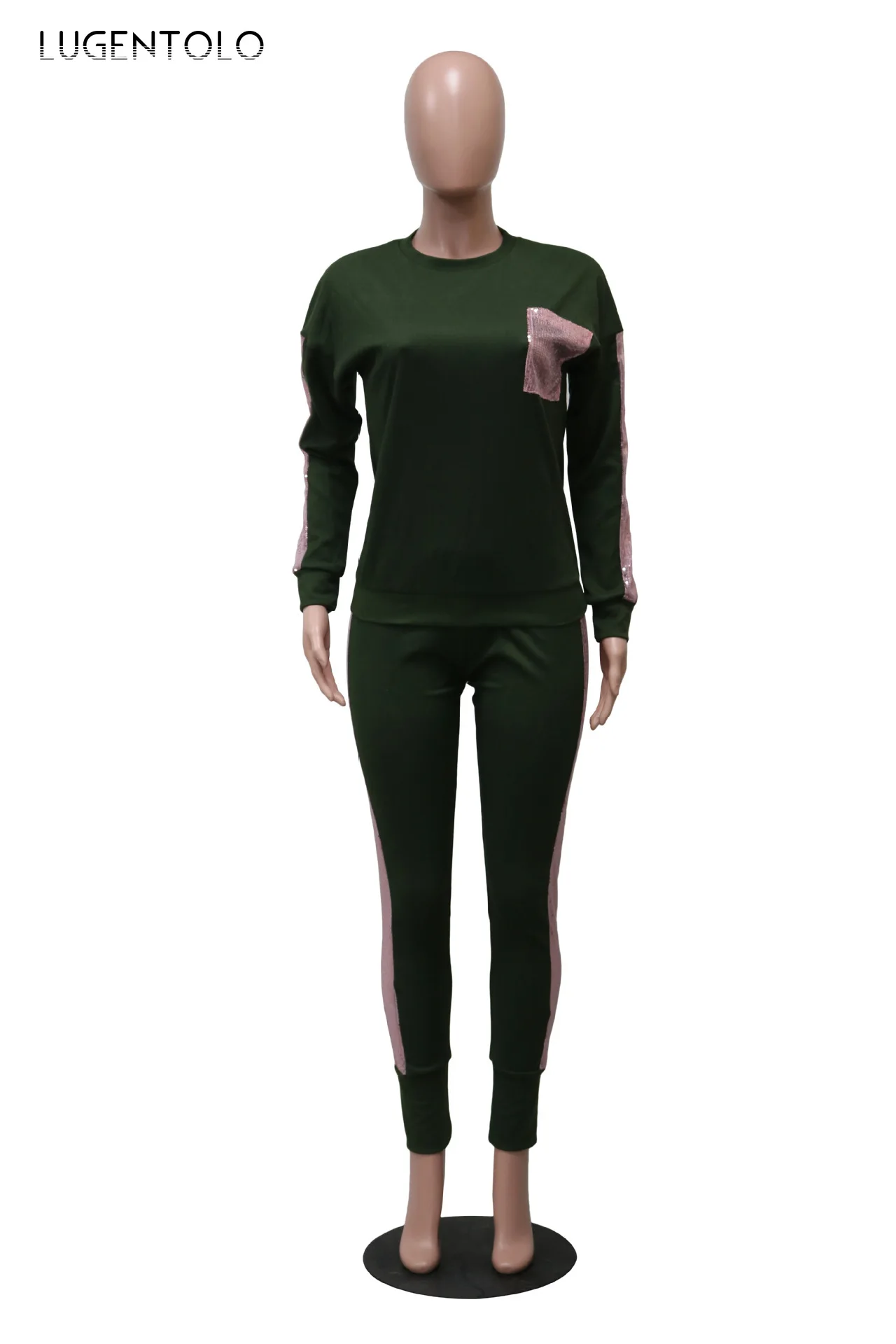 

Lugentolo Autumn Women's 2 Piece Set Stitching Loose Fashion Sequined O-neck Tops Long Pants Sports Female Street Casual Set