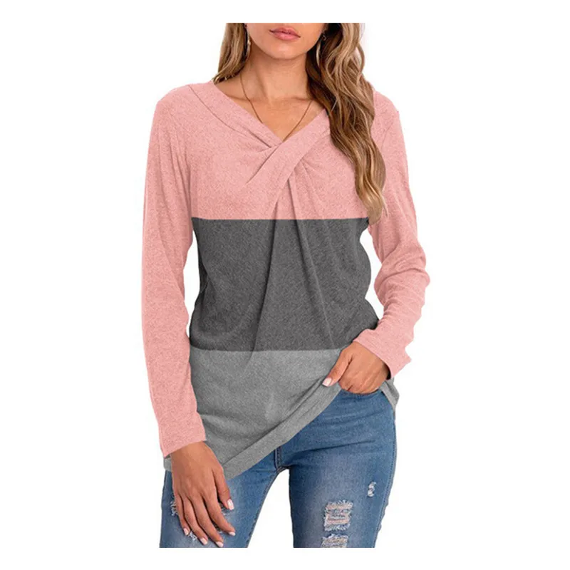 

Women Patchwork Long Sleeve Spring Autumn Casual Pullover Loose T-Shirt Female Harajuku Streetwear Lady Stitching Contrast Color