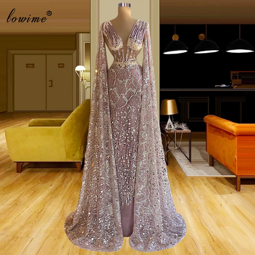 

Muslim Sparkly Sequins Evening Dresses V-Neck Long Sleeves Evening Gowns Arabic Prom Party Dresses For Women Coutures Robe Femme