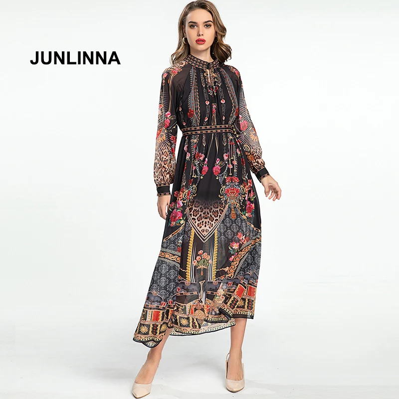 

Женское модельное длинное платье JUNLINNA, вечерние тажное праздничное платье с цветочным принтом и длинным рукавом