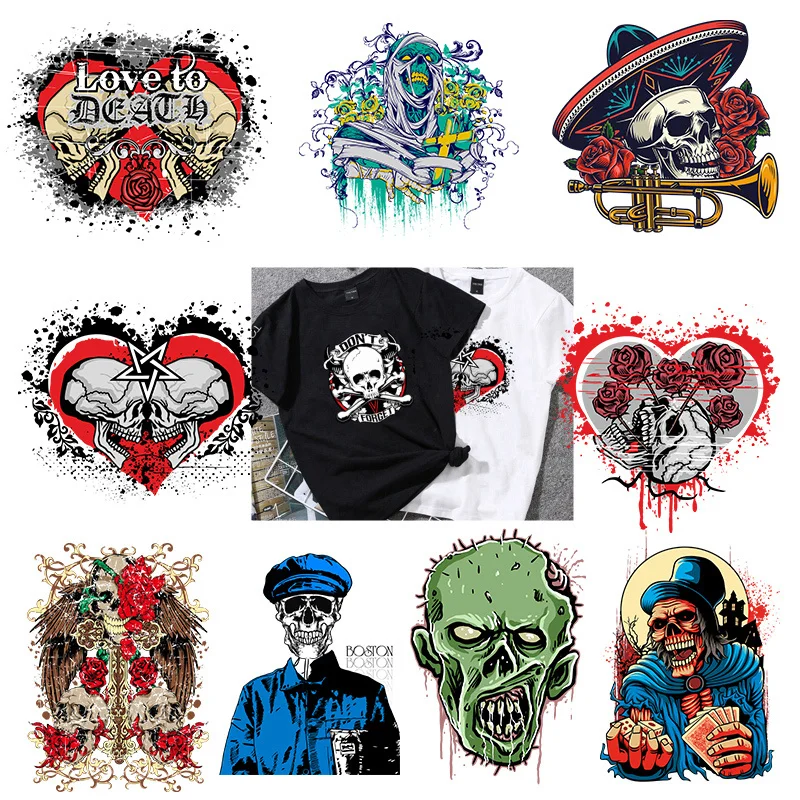 

Punk Rose skull Heart Transfers Stripes Heat-sensitive Patches Skeleton Applique Thermo Sticker Clothes Iron On For Clothes