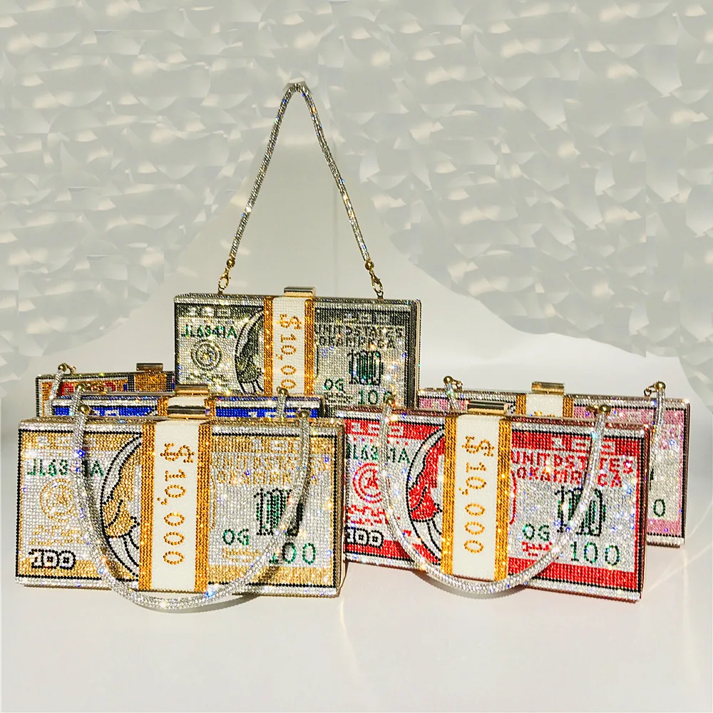

Money Clutch Rhinestone Purse 10000 Dollars Stack Of Cash Evening Handbags Shoulder Wedding Dinner Bag 8 Color