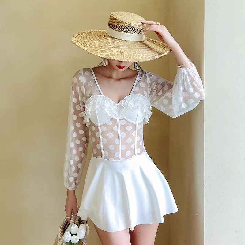 

Женский слитный купальник, бикини, комплект 2021, женская новая Корейская юбка, купальный костюм из полиэстера с принтом для серферов, одежда ...