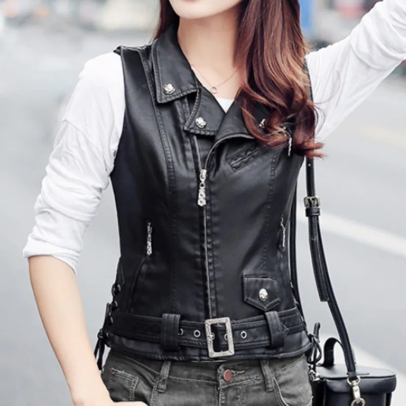 Top Quality Punk Pu Leather Jacket Women Waistcoat Slim Fit Belted Casaco Feminino Motorcycle Biker Zipper Colete Plus SZ | Женская