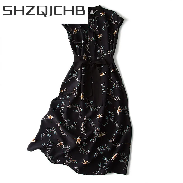

Женское винтажное платье из натурального шелка SHZQ, корейское сексуальное вечернее платье без рукавов с принтом, элегантное платье с поясом ...