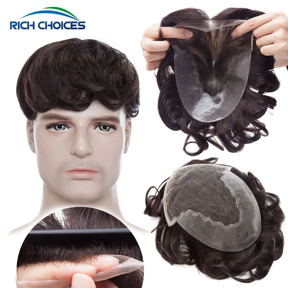 Rich Choices French Lace With Pu Base Wig For Men Natural Prosthesis Breathable Toupee 95% Density 30mm Wavy Hair Extensions