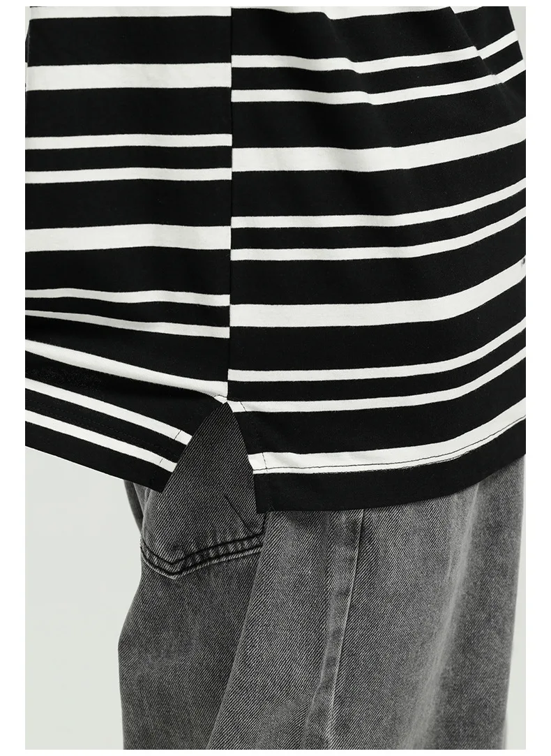 

IEFB men's clothing 2021 summer new loose black whtie striped short sleeve t-shirt mans Korean round neck Fashion Tops 9Y6813
