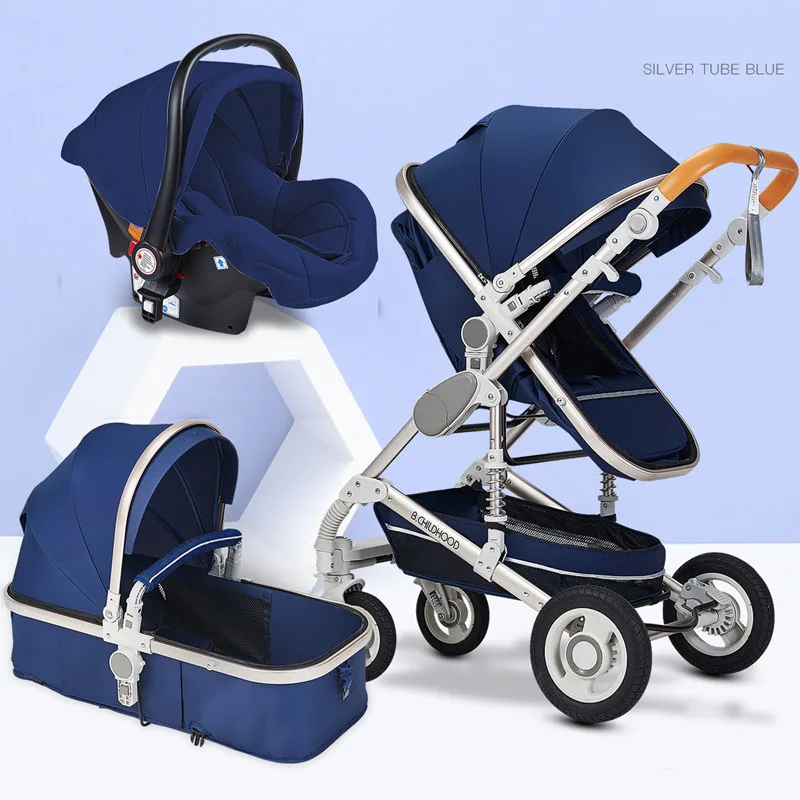 all blue 3 in 1 Роскошная детская коляска с высоким пейзажем, 3 в 1, детская коляска, летняя зимняя коляска, Адаптированная для новорожденных, детская люлька, купон на 10 USD - Цвет: all blue 3 in 1