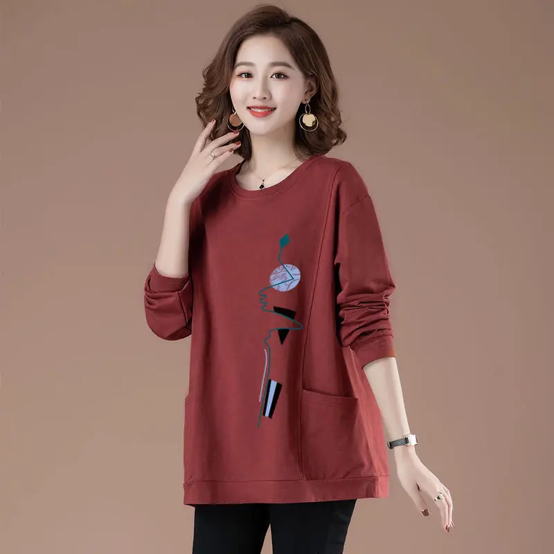 

2023 New Spring Autumn Middle Aaged Women Korea Style Cotton Fashion Causal Blouse Tops Female Loose O-Neck Elastic Shirt Q23