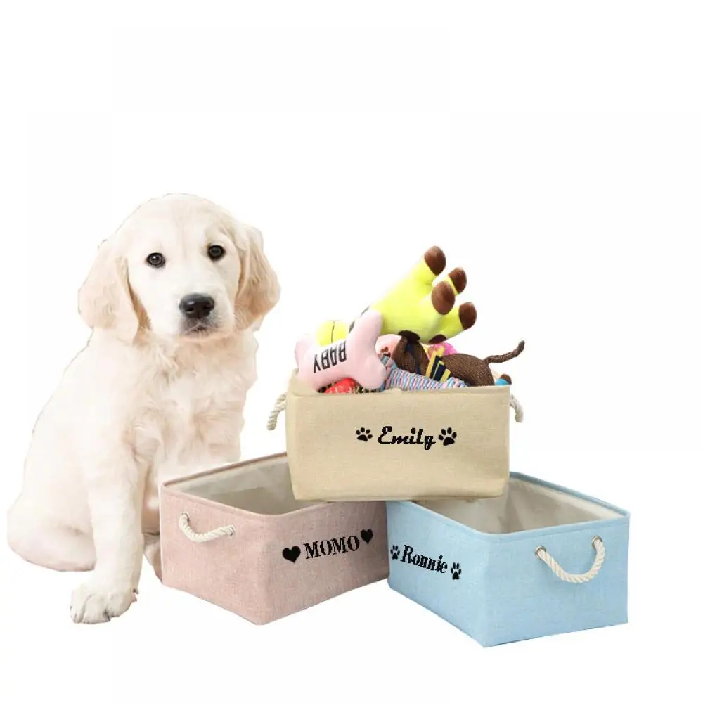 

Personalized Pet Storage Box Dog Cat Toy Basket Custom Free Print Name S-L Solid Color Bins Canvas Collapsible Box For Dogs Cats