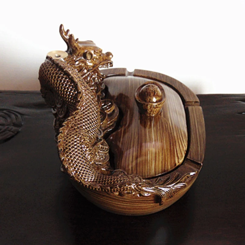 

YHG38 Dragon Ashtray Large Household Ashtray with Cover Chinese Retro Furnishings Fashion Creative Dragon Mouth Smoke Cenizero
