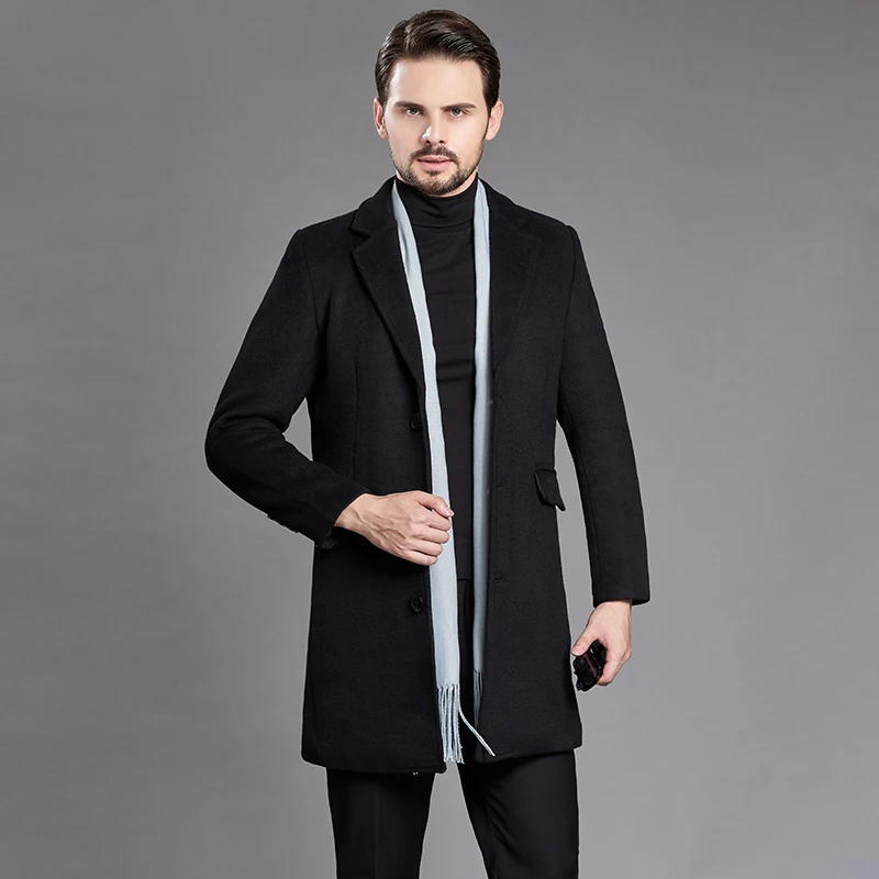 Зимнее мужское длинное утепленное шерстяное пальто деловой облегающий