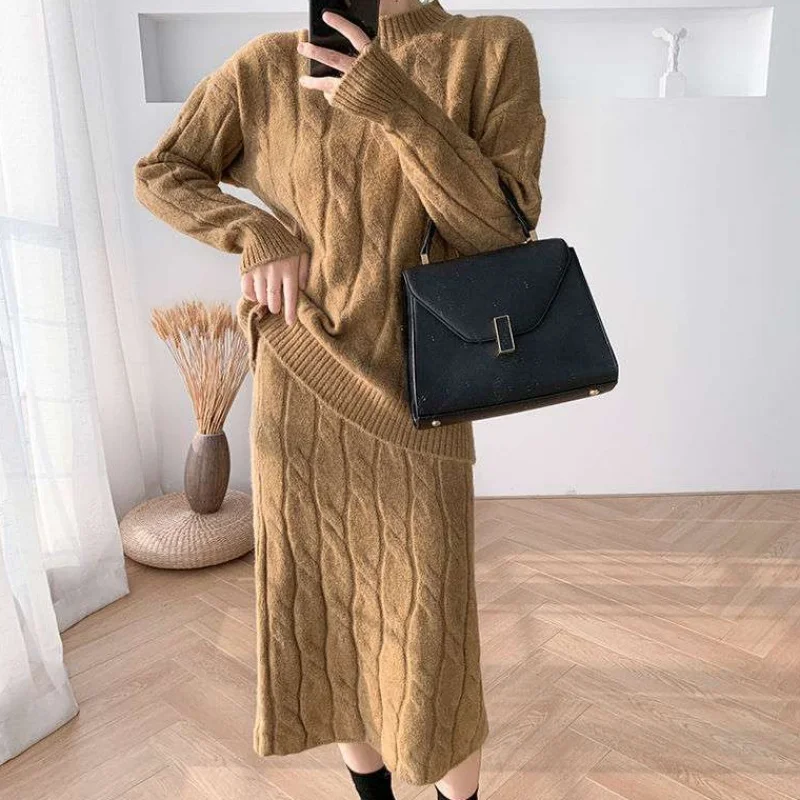 JSXDHK нового размера плюс для осени и зимы Вязанная Женский комплект 2 шт. розовый