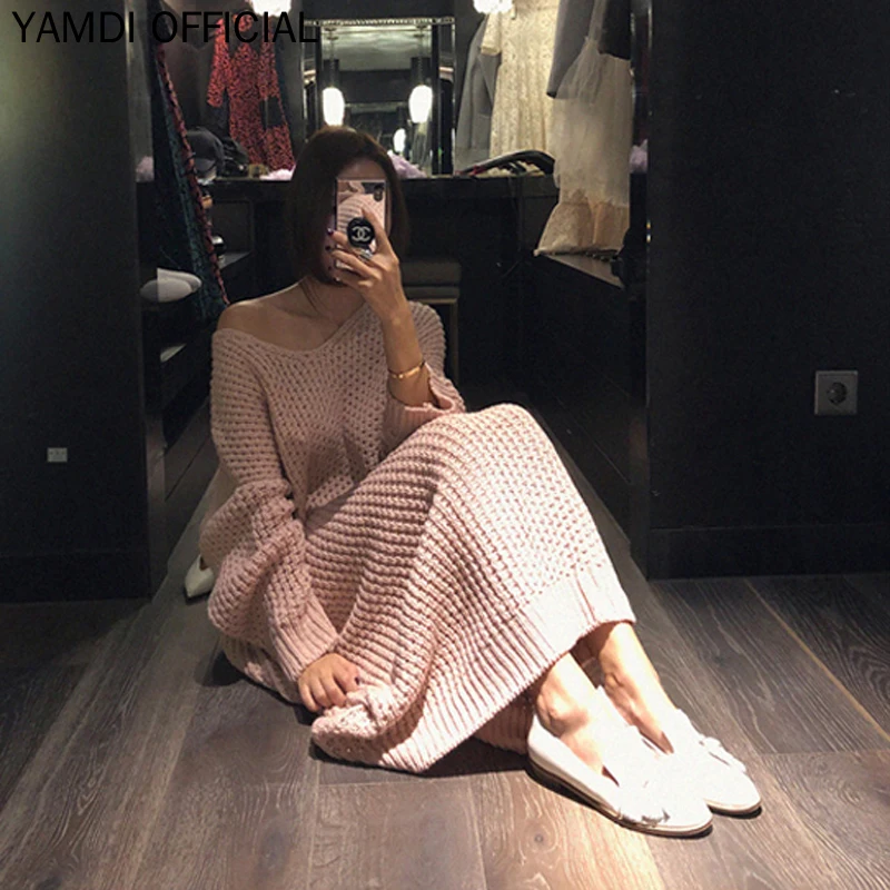 

WAVSIYIER women sweater dress midi v neck 2020 knitted thick fashion knitted jumper dress female woman loose pullover vestidos