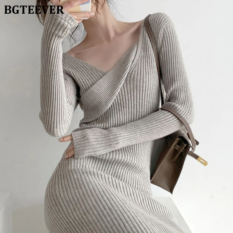 

Элегантное женское платье-свитер BGTEEVER с косым воротником, женское трикотажное платье с длинным рукавом и узкой талией, осень 2021, повседневн...