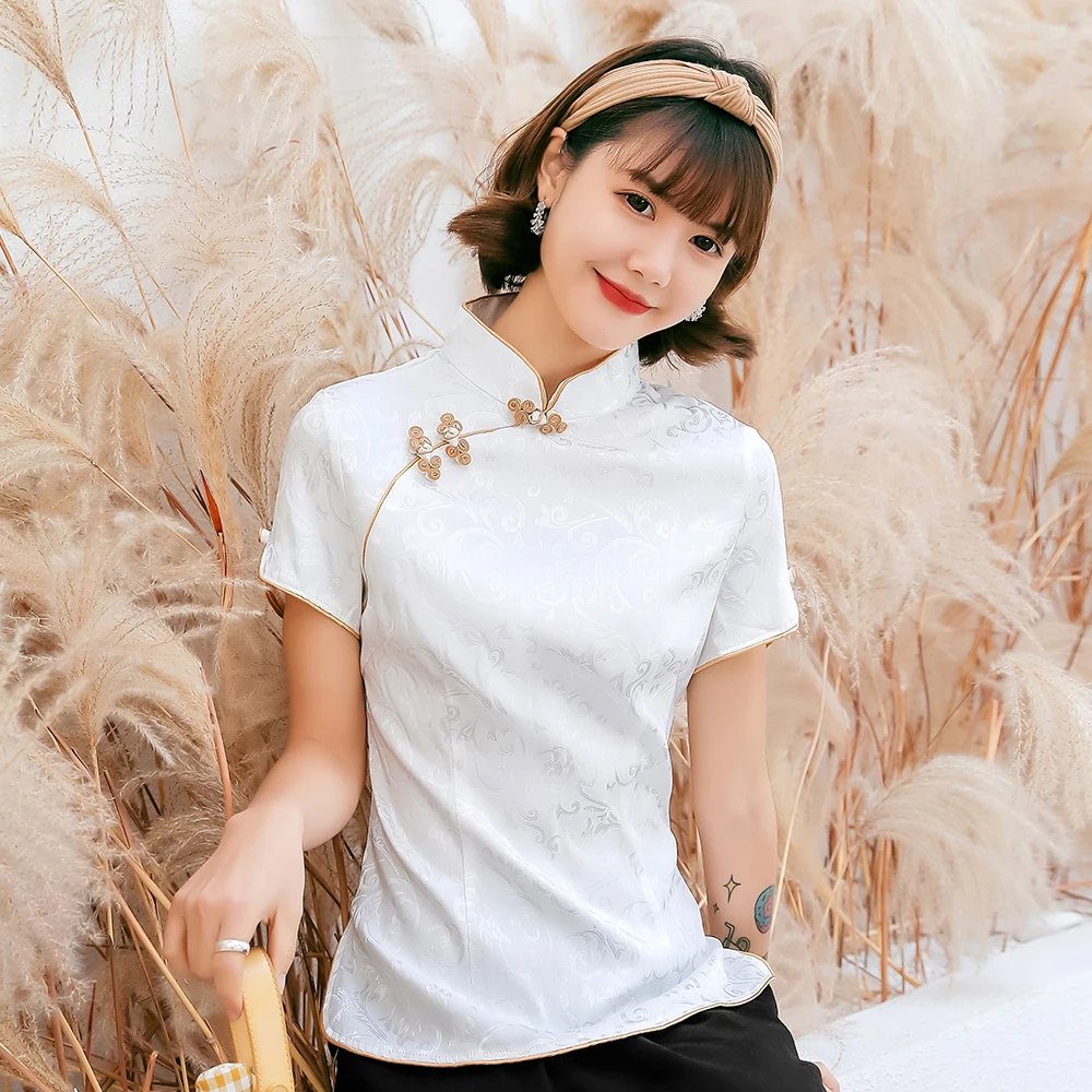 

Chinese Style Shirt Spring Cotton Slim Blouse Plus Size Cheongsam Tops Chinese Traditional Mandarin Collar Soft Satin Tang Coat