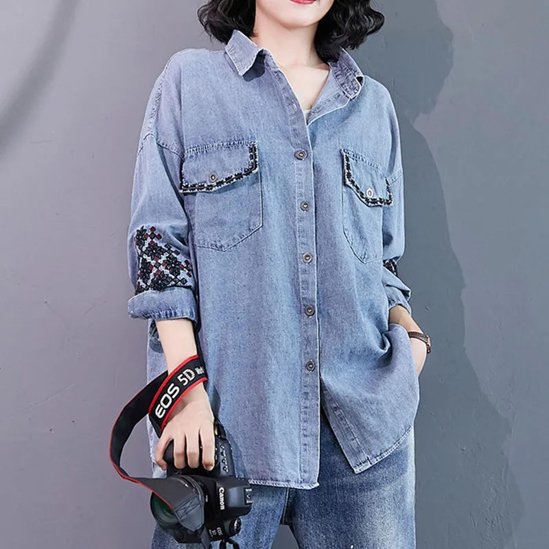 

Spring Korean 2021 New Embroidered Denim Shirts And Tops Female Loose Femmes Long Sleeve Shirt Jacket Casual Autumn Clothes