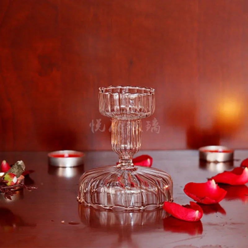 

European Stripe Glass Candlestick Handmade Transparent Candle Holder Home Wedding Decoration Stem Tea Candle Multifunctional