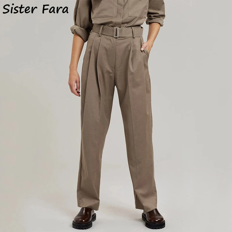 

Sister Fara Spring Autumn High Waist Suit Pants for Women Loose Solid Buttons Wide Leg Pants Ladies Casual Full Length Trousers