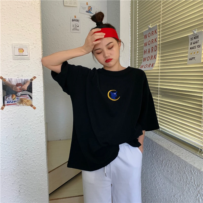 Летние футболки с мультяшным принтом рубашки вышивкой Сейлор Мун коты свободная