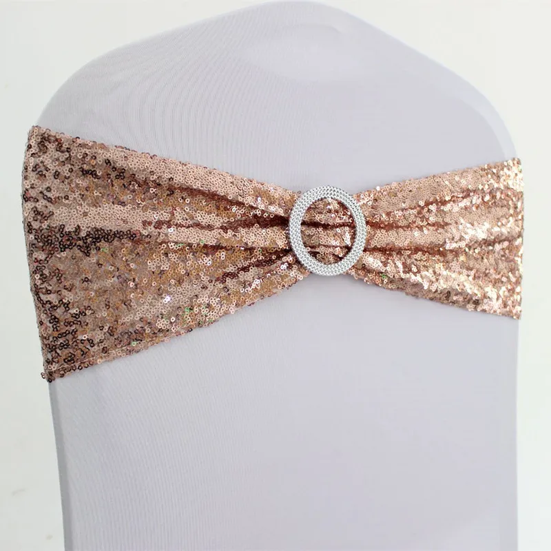 

10pcs Rose Gold Silver Spandex Sequin Wedding Chair Bow Sashes Lycra Stretch Chair Band Ribbon Ties Hotel Event Party Decoration