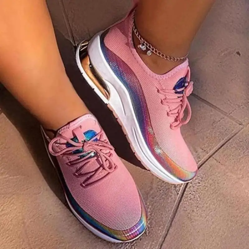 

2021 New Spring And Autumn Casual Color Matching Flying Knit Upper Round Toe Lace-up Women's Sports Shoes