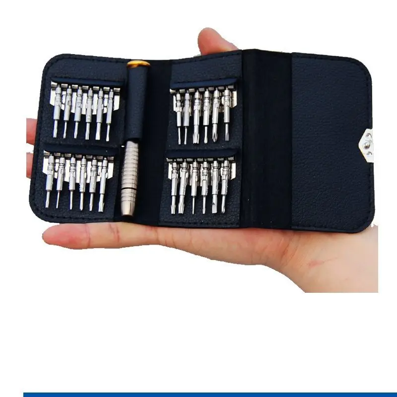 

25 in one multi-functional leather case, manual screw driver, bit set, maintenance, mobile phone, camera, watch, glasses, etc