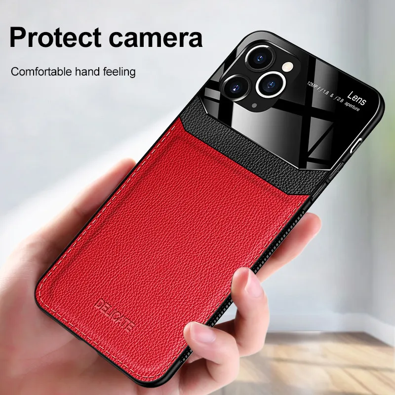 

Shockproof Case for iPhone 11 Pro Max PU Leather Mirror Tempered Glass Phone Back Cover For iPhone 7 8 Plus 6S XR XS Max