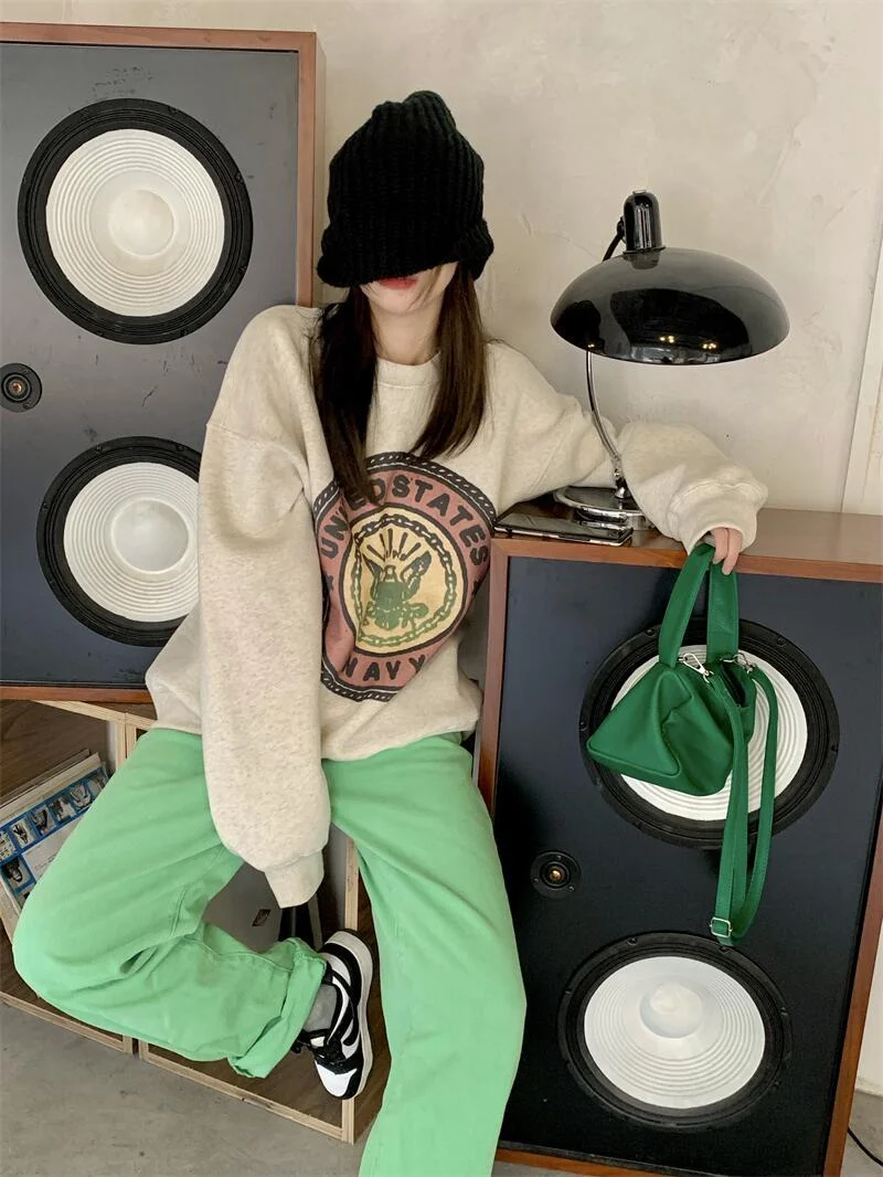 Свитшоты женские зимние в американском ретро стиле новинка 2021 утепленная