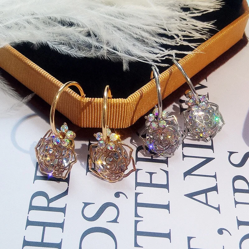 

S925 silver needle Korean rose Zircon Pendant color diamond personalized versatile exquisite Earrings women's Earrings