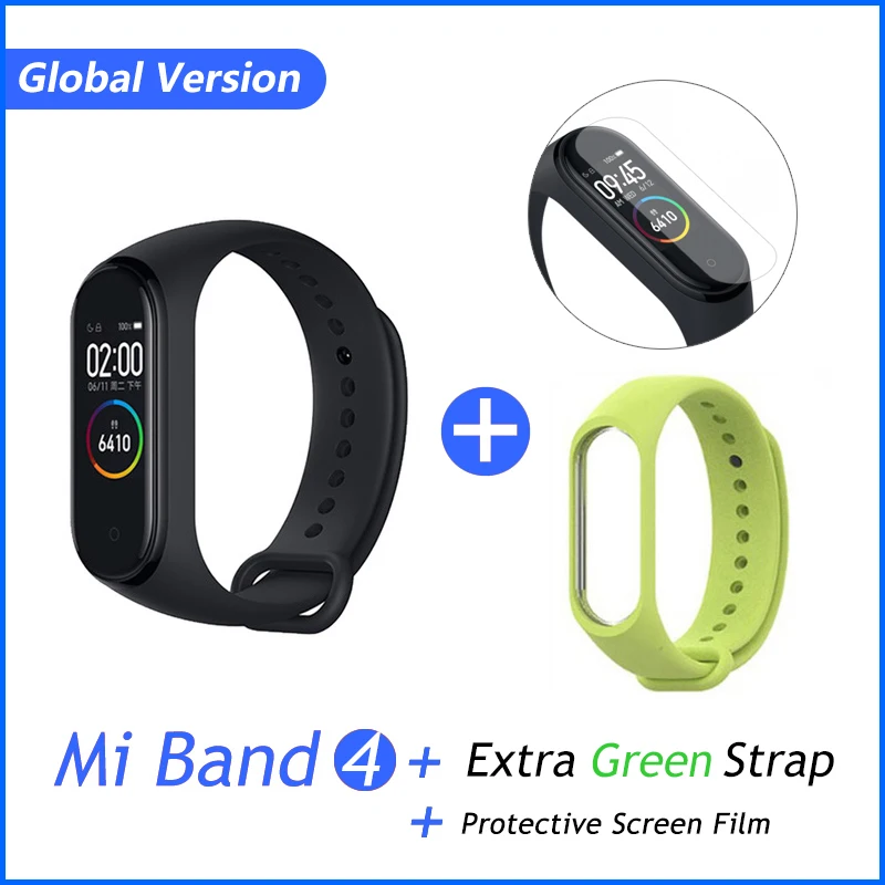 GB green film Xiaomi Mi группа 3 4 глобальная Версия смарт-Браслет фитнес-браслет часы 3 большой сенсорный экран сообщение время сердечно - Цвет: GB green film