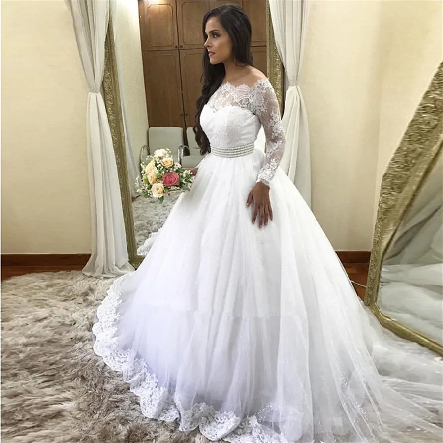 

Long Sleeves Lace Appliques Ball Gown Wedding Dresses Bridal Gowns 2021 Modest Long Custom Online Robe De Mariee