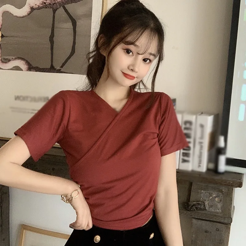 

Summer Korean Style Fashion Casual All-Match Solid Color High Waist Tie V-Neck Short Sleeve Crop Top T-Shirt for Women