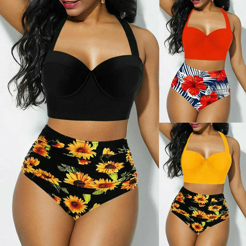 

Размерная летняя пляжная одежда, Раздельный купальник с принтом, женский купальник, бикини с подсолнухами