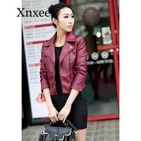short faux leather coat women black wine red slim pu jacket autumn korean zipper pockets coat short biker burgundy