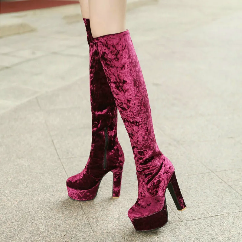 Вельветовые ботфорты выше колена Модные женские сапоги высокие квадратные